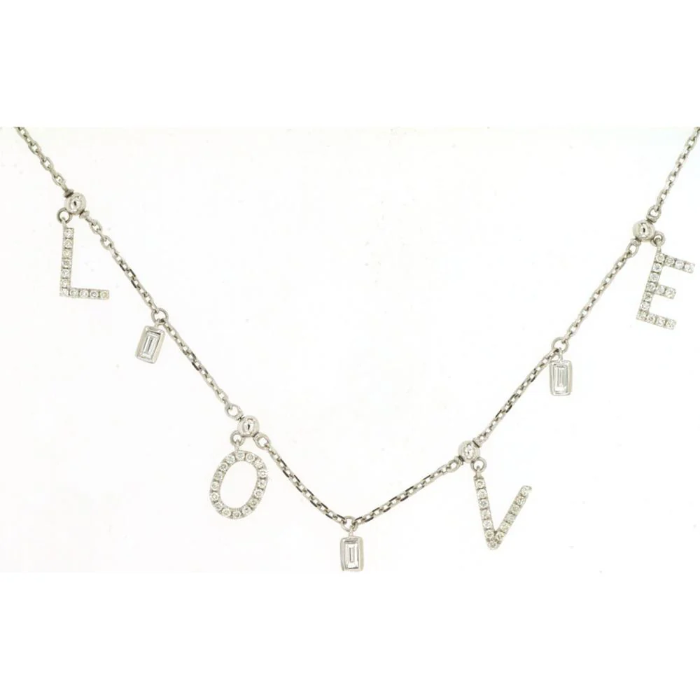 14K White Gold LOVE Station Necklace with Round and Baguette Diamond Charms - 0.39 Total Carat Weight - Royal Jewelry