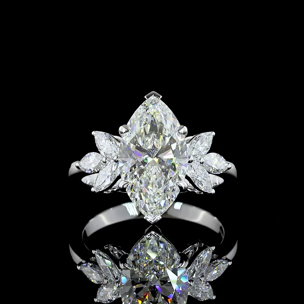 14K White Gold Marquise Cluster Ring featuring a 3.07 Carat E VVS2 Center Lab Diamond with 0.58 Carat Marquise Side Stones - 3.65 Carats Total Diamond Weight - Covaloro Fine Jewelry