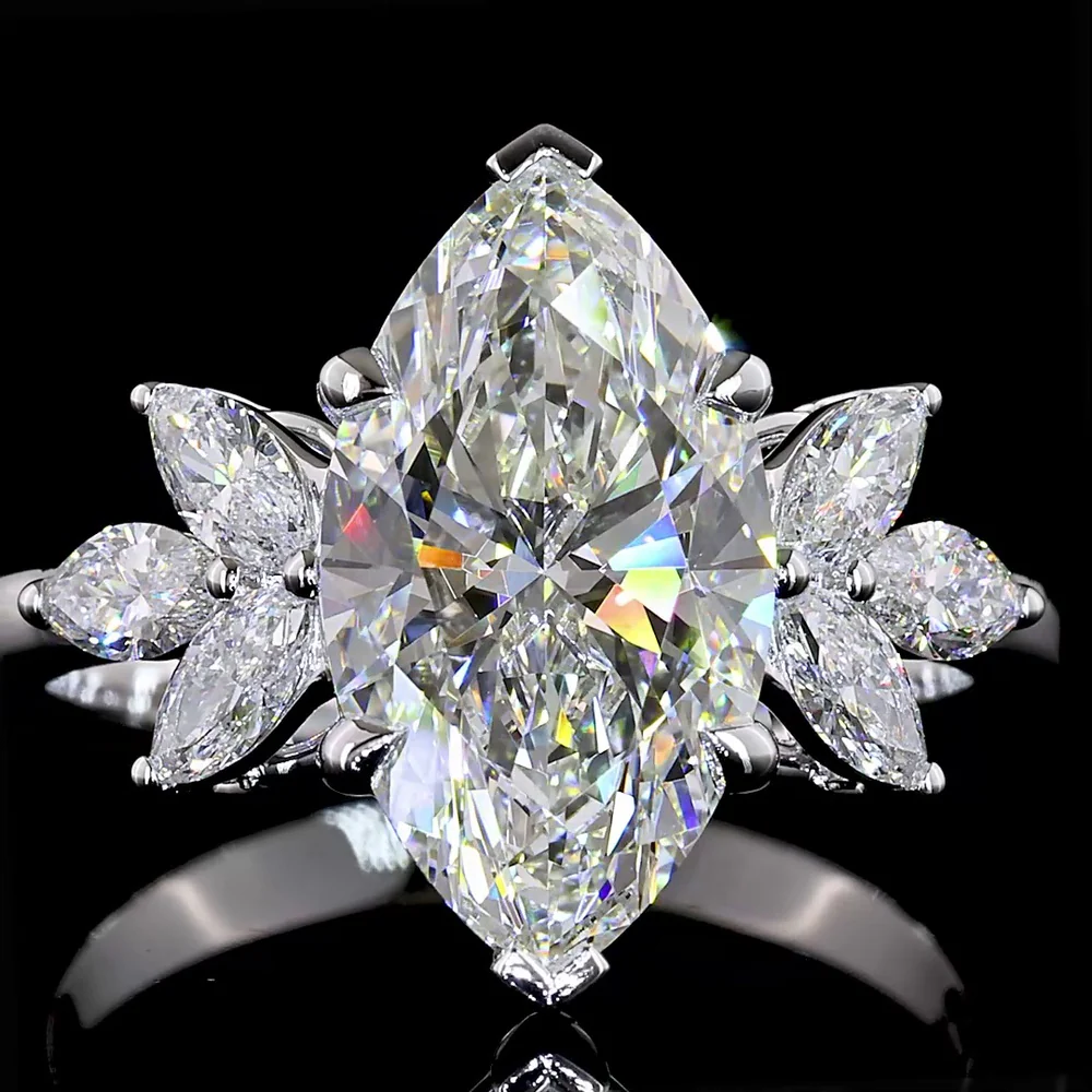 14K White Gold Marquise Cluster Ring featuring a 3.07 Carat E VVS2 Center Lab Diamond with 0.58 Carat Marquise Side Stones - 3.65 Carats Total Diamond Weight - Covaloro Fine Jewelry - Image 2