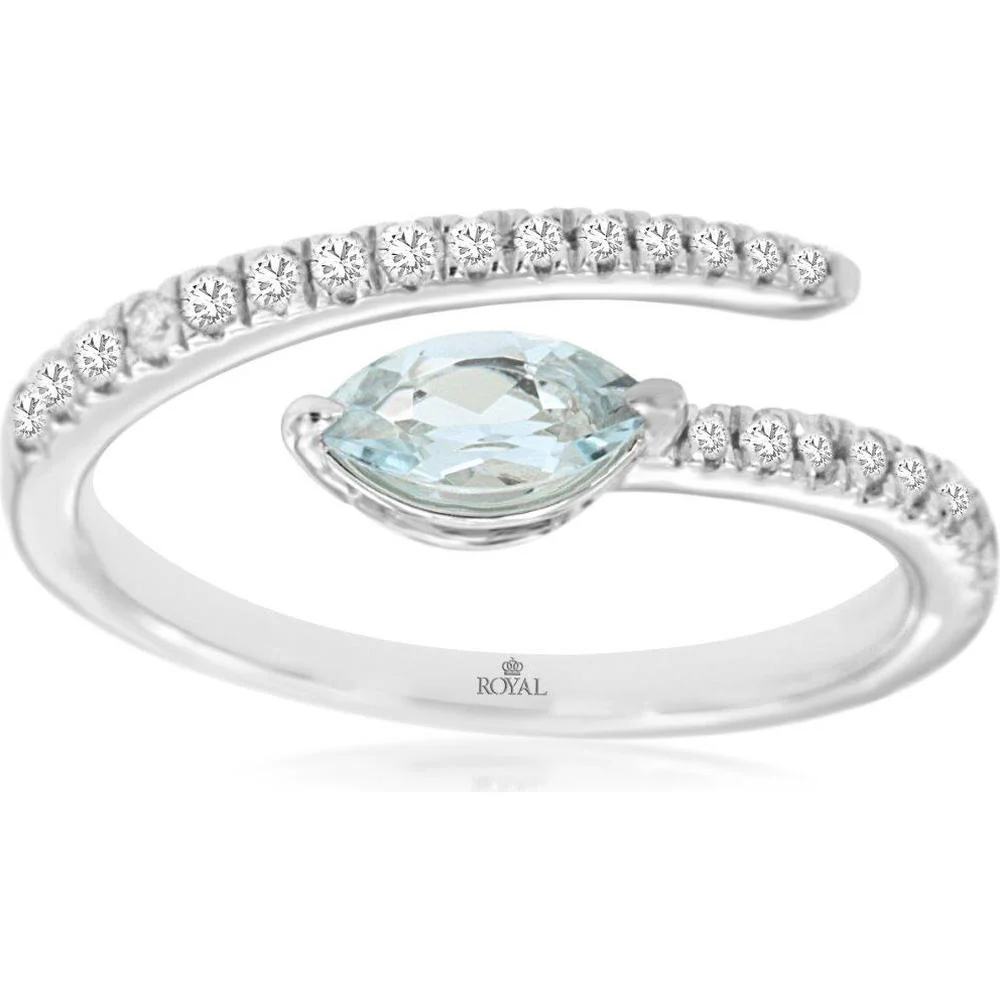 14K White Gold Marquise Cut Aquamarine and Diamond Bypass Wrap Ring - 0.30 Carat Aquamarine and 0.24 Carat Total Diamond Weight - Royal Jewelry