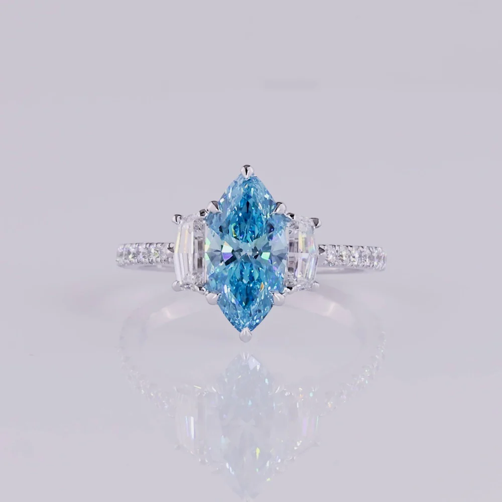 14K White Gold Marquise Cut Fancy Vivid Blue Lab Diamond Ring with Half Moon and Round Accent Diamonds - 2.59 Carats Total Diamond Weight - Covaloro Fine Jewelry