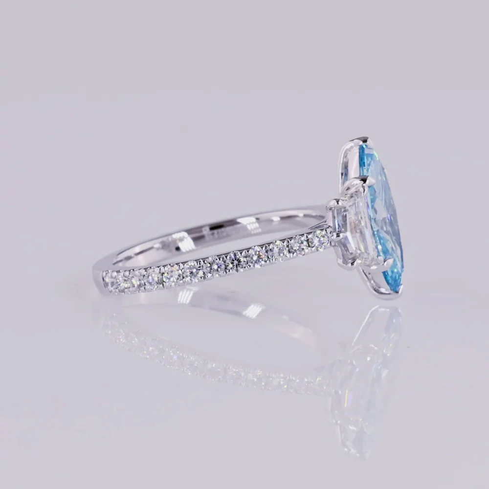 14K White Gold Marquise Cut Fancy Vivid Blue Lab Diamond Ring with Half Moon and Round Accent Diamonds - 2.59 Carats Total Diamond Weight - Covaloro Fine Jewelry - Image 2