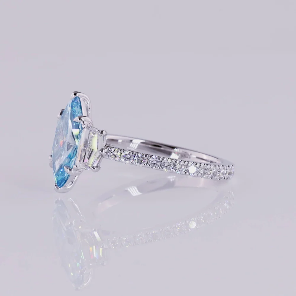 14K White Gold Marquise Cut Fancy Vivid Blue Lab Diamond Ring with Half Moon and Round Accent Diamonds - 2.59 Carats Total Diamond Weight - Covaloro Fine Jewelry - Image 3