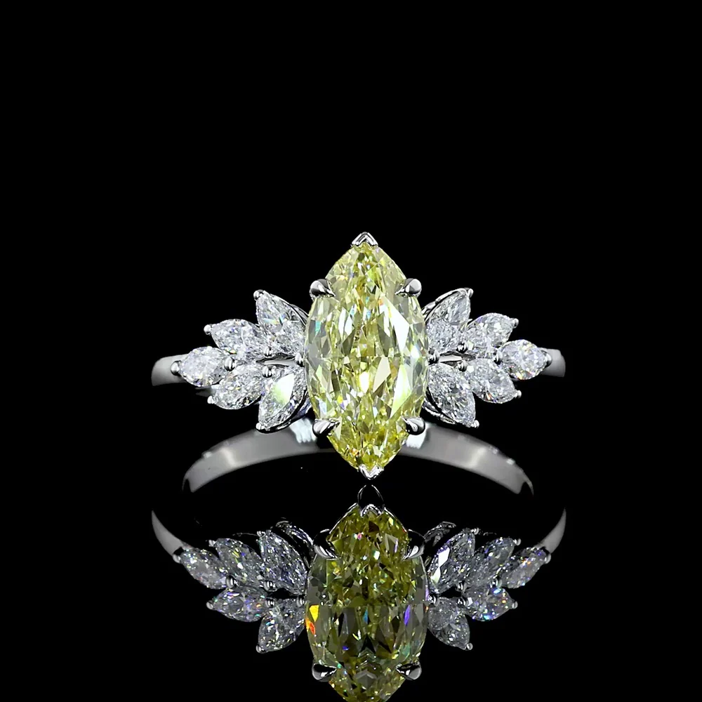 14K White Gold Marquise Cut Fancy Vivid Yellow Lab Diamond Ring with Fan Set White Diamond Accents - 2.02 Carat Total Diamond Weight - Covaloro Fine Jewelry
