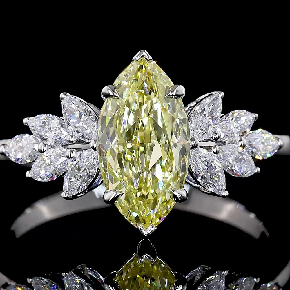 14K White Gold Marquise Cut Fancy Vivid Yellow Lab Diamond Ring with Fan Set White Diamond Accents - 2.02 Carat Total Diamond Weight - Covaloro Fine Jewelry - Image 2
