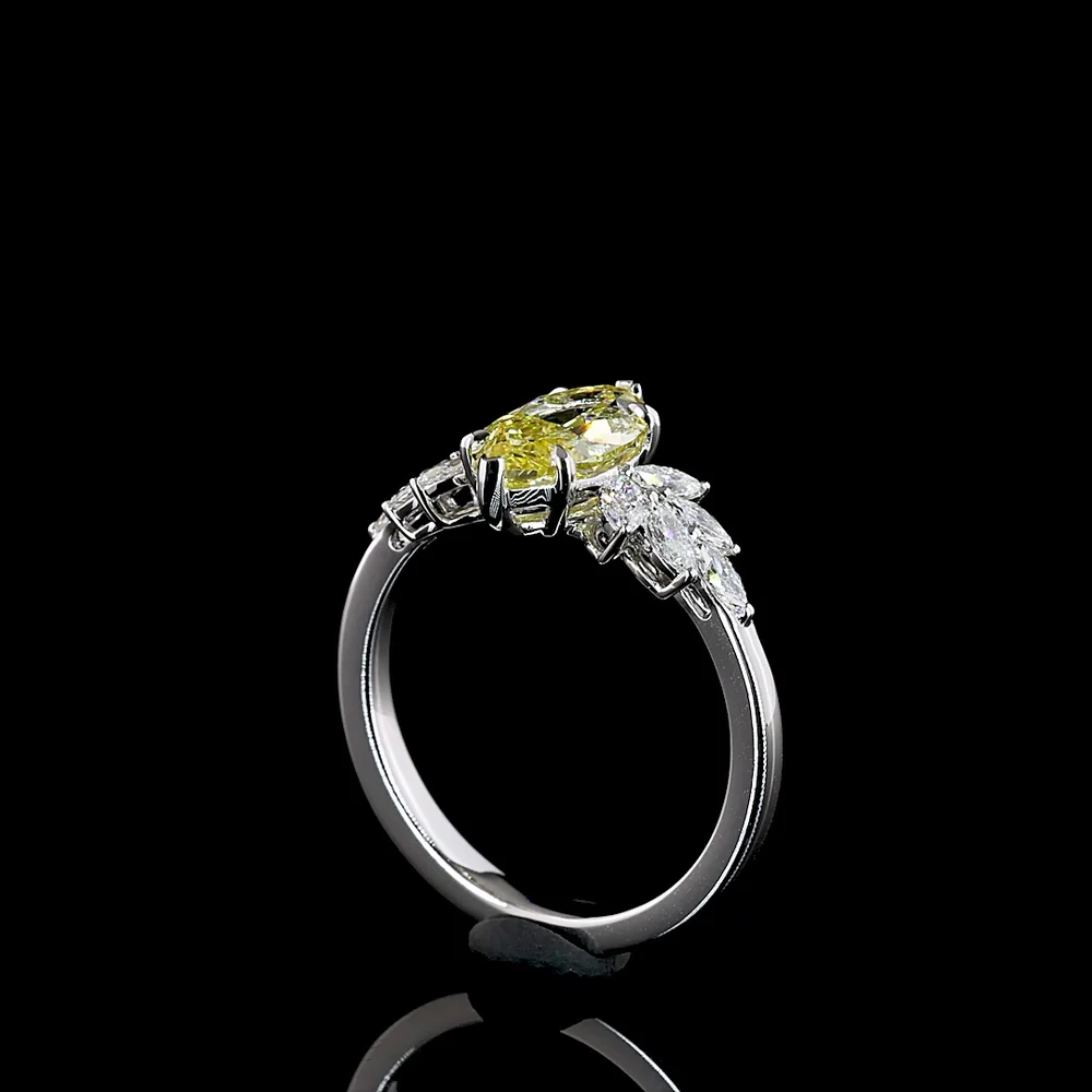 14K White Gold Marquise Cut Fancy Vivid Yellow Lab Diamond Ring with Fan Set White Diamond Accents - 2.02 Carat Total Diamond Weight - Covaloro Fine Jewelry - Image 3