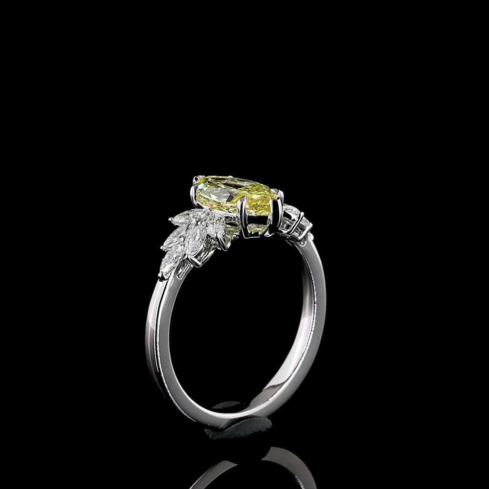 14K White Gold Marquise Cut Fancy Vivid Yellow Lab Diamond Ring with Fan Set White Diamond Accents - 2.02 Carat Total Diamond Weight - Covaloro Fine Jewelry - Image 4
