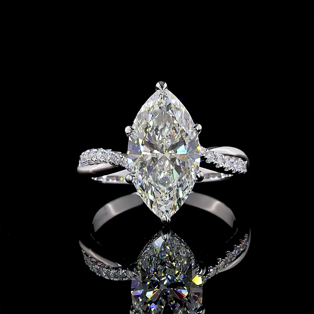 14K White Gold Marquise Cut Hidden Halo Ring with 3.79 Carat Center Lab Diamond and 0.28 Carat Accent Lab Diamonds - 4.07 Total Carat Weight - Covaloro Fine Jewelry