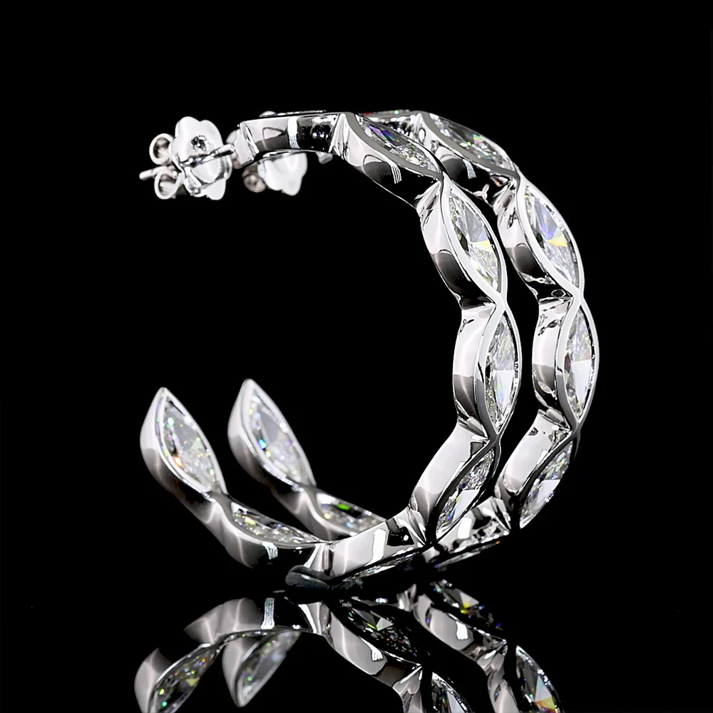 14K White Gold Marquise Cut Lab Diamond C-Hoop Earrings - 12.60 Total Carat Weight, Bezel Set, E-F Color VS Clarity - Covaloro Fine Jewelry
