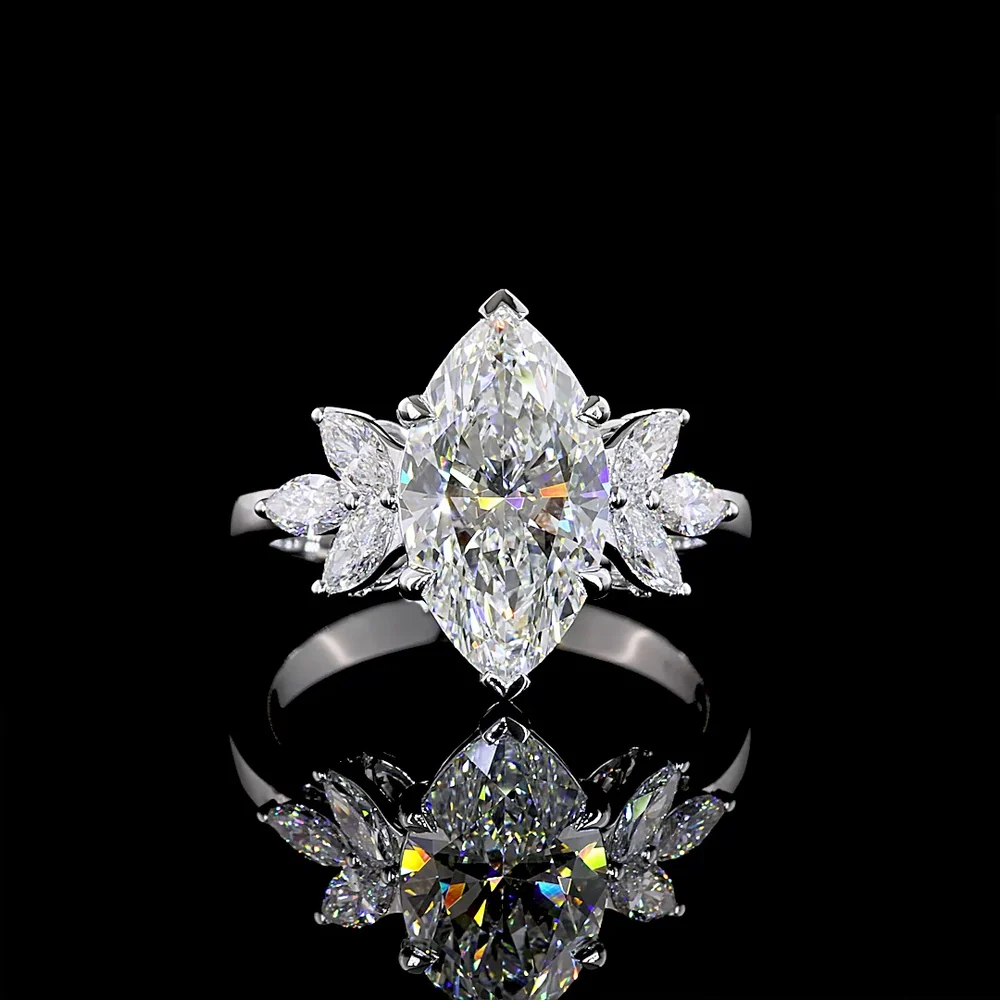 14K White Gold Marquise Cut Lab Diamond Floral Side-Stone Ring - 3.03 Carats Center Stone, 3.56 Carats Total Diamond Weight, IGI Certified E-F VS1 - Covaloro Fine Jewelry