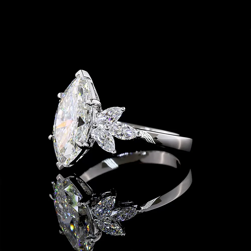 14K White Gold Marquise Cut Lab Diamond Floral Side-Stone Ring - 3.03 Carats Center Stone, 3.56 Carats Total Diamond Weight, IGI Certified E-F VS1 - Covaloro Fine Jewelry - Image 3