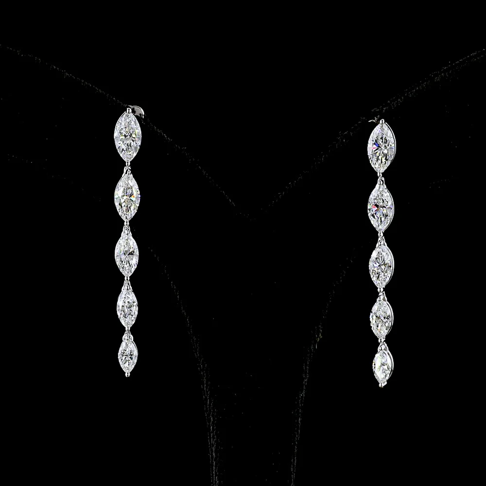 14K White Gold Marquise Cut Lab Diamond Hanging Drop Earrings - 4.11 Carats Total Diamond Weight, E-F Color, VS Clarity - Covaloro Fine Jewelry