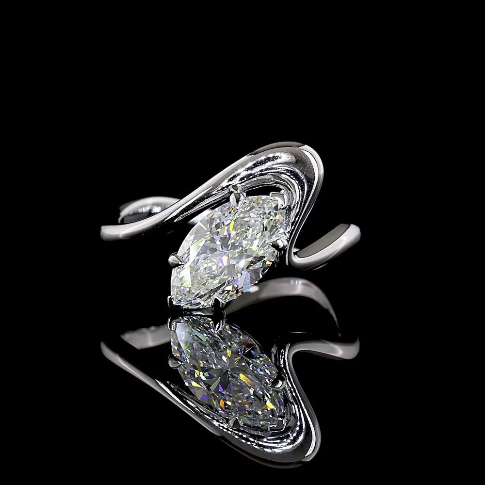 14K White Gold Marquise Cut Solitaire Ring with Inclined Prong Setting - 1.58 Carat Total Diamond Weight - Covaloro Fine Jewelry
