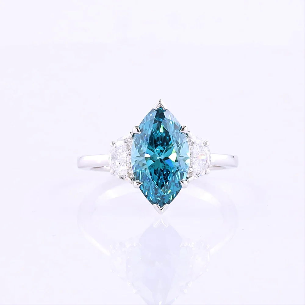 14K White Gold Marquise Cut Three-Stone Ring with 2.44 Carats Fancy Vivid Blue Lab Diamond and Half-Moon Side Diamonds - 3.05 Carats Total Diamond Weight - Covaloro Fine Jewelry