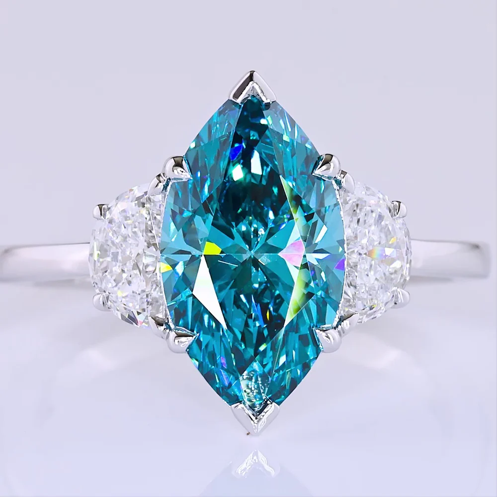 14K White Gold Marquise Cut Three-Stone Ring with 2.44 Carats Fancy Vivid Blue Lab Diamond and Half-Moon Side Diamonds - 3.05 Carats Total Diamond Weight - Covaloro Fine Jewelry - Image 2