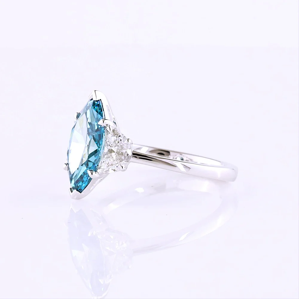 14K White Gold Marquise Cut Three-Stone Ring with 2.44 Carats Fancy Vivid Blue Lab Diamond and Half-Moon Side Diamonds - 3.05 Carats Total Diamond Weight - Covaloro Fine Jewelry - Image 3