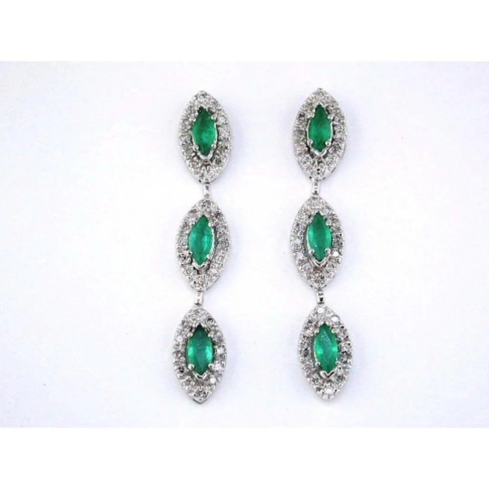 14K White Gold Marquise Emerald and Round Diamond Drop Earrings - 2.05 Carats Total Emerald Weight - Royal Jewelry