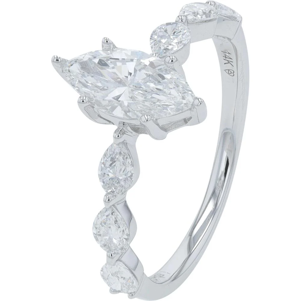 14K White Gold Marquise Lab Grown Diamond Engagement Ring with Pear and Round Accent Diamonds - 1.50 Carat Total Diamond Weight