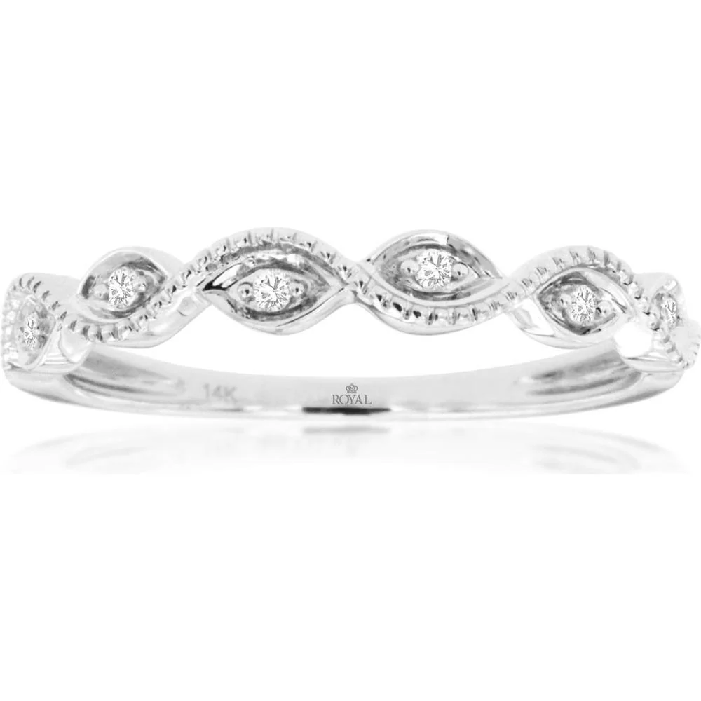 14K White Gold Marquise Motif Diamond Wedding Band with Milgrain Detail - 0.05 Carat Total Diamond Weight - Royal Jewelry