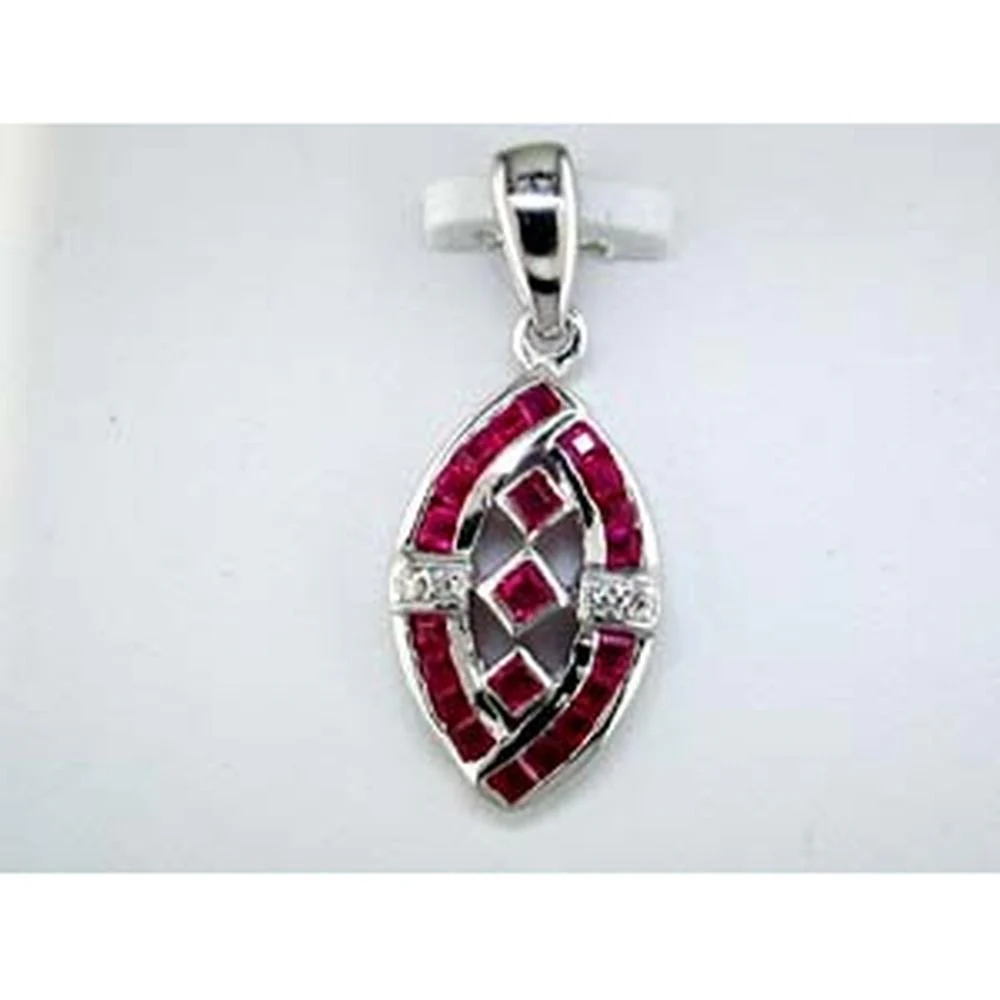 14K White Gold Marquise Pendant with Channel-Set Princess Cut Rubies (0.72ct) and Round Diamond Accents (0.03ct) - Royal Jewelry