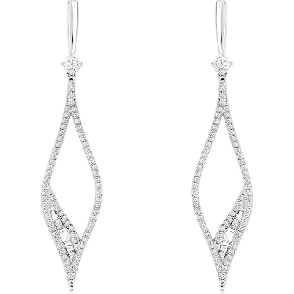 14K White Gold Marquise-Shape Diamond Drop Earrings with Pavé Round and Baguette Cut Diamonds - 0.95 Carat Total Diamond Weight - Royal Jewelry