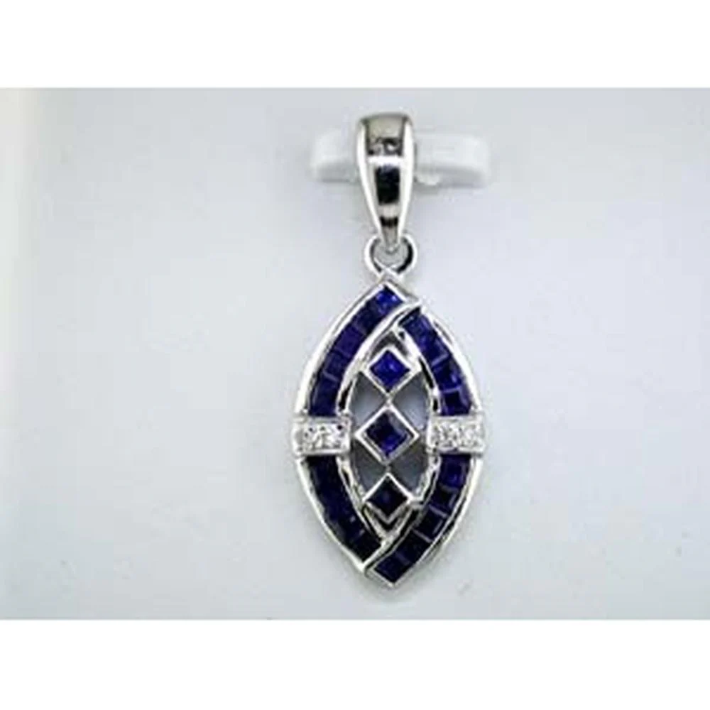 14K White Gold Marquise-Shaped Pendant with Princess Cut Blue Sapphires and Round Diamond Accents - 0.72 Carat Sapphire Total Weight & 0.03 Carat Diamond Total Weight - Royal Jewelry