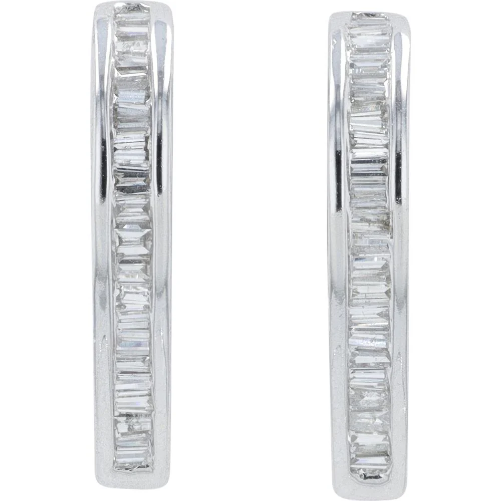 14K White Gold Medium Diamond Hoop Earrings with 0.55 Carat Total Baguette Diamonds