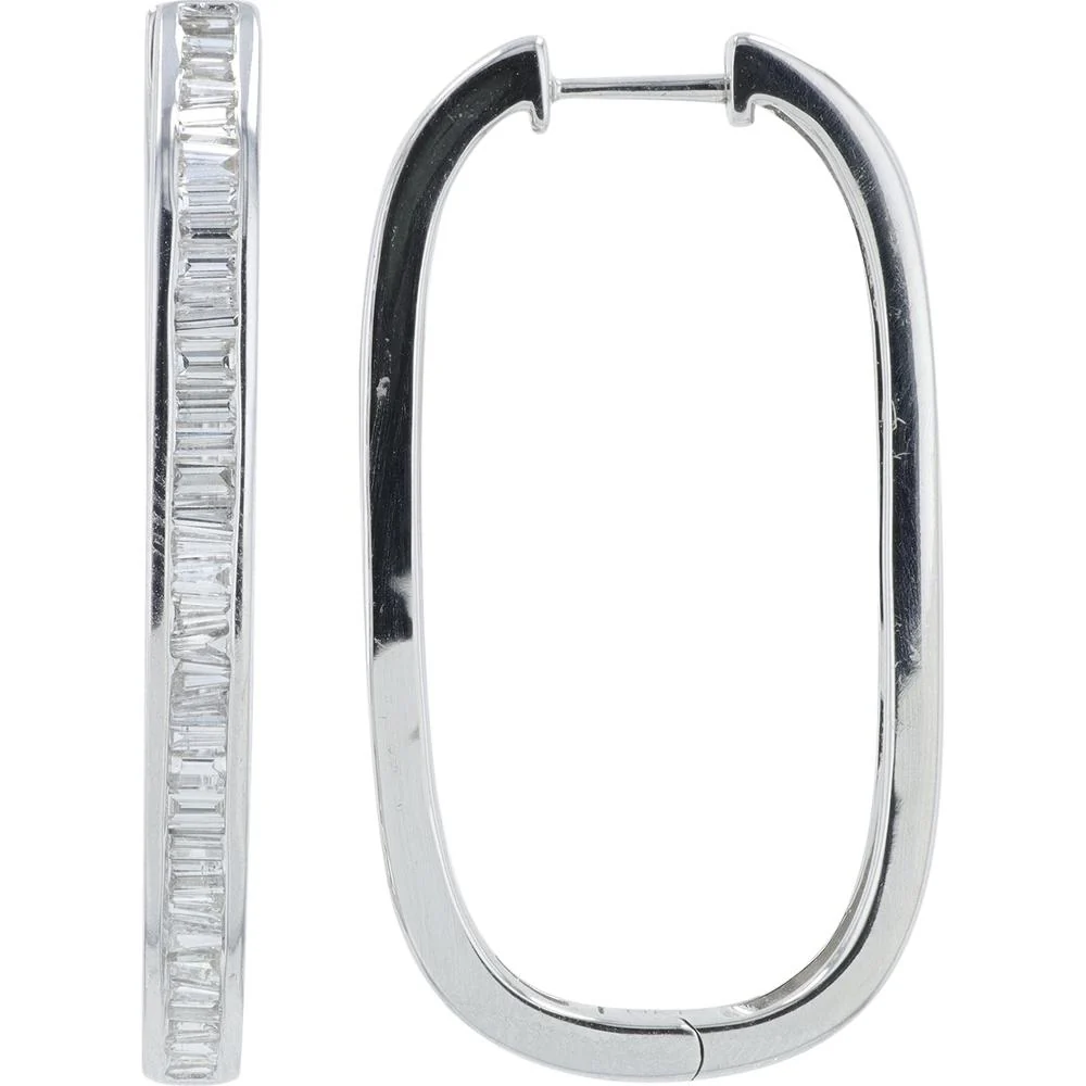 14K White Gold Medium Diamond Hoop Earrings with 1.30 Carat Total Baguette Diamonds