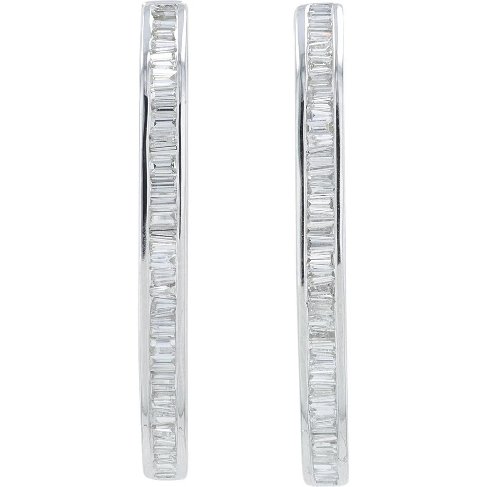 14K White Gold Medium Diamond Hoop Earrings with 1.30 Carat Total Baguette Diamonds - Image 2