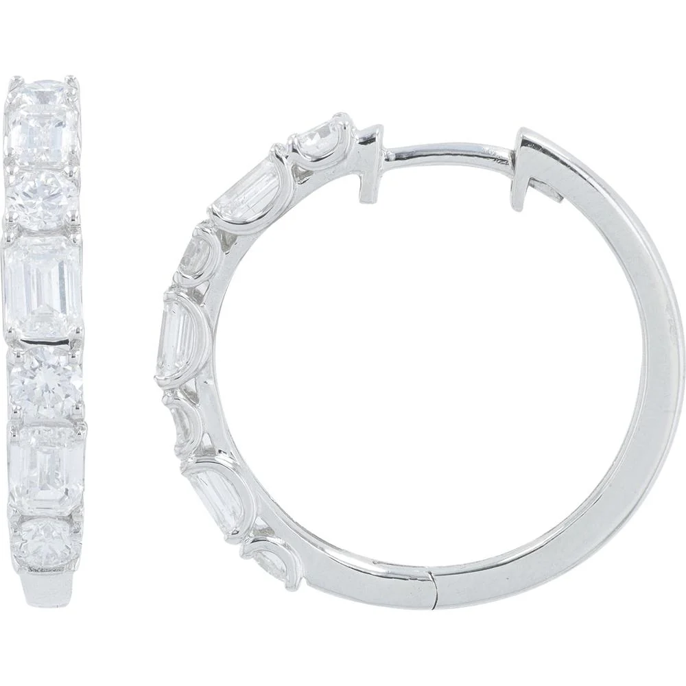 14K White Gold Medium Hoop Earrings with 2.00 Carat Total Lab Grown Diamonds - Round and Emerald Cut