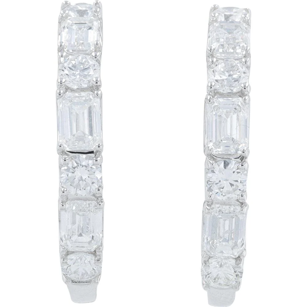 14K White Gold Medium Hoop Earrings with 2.00 Carat Total Lab Grown Diamonds - Round and Emerald Cut - Image 2