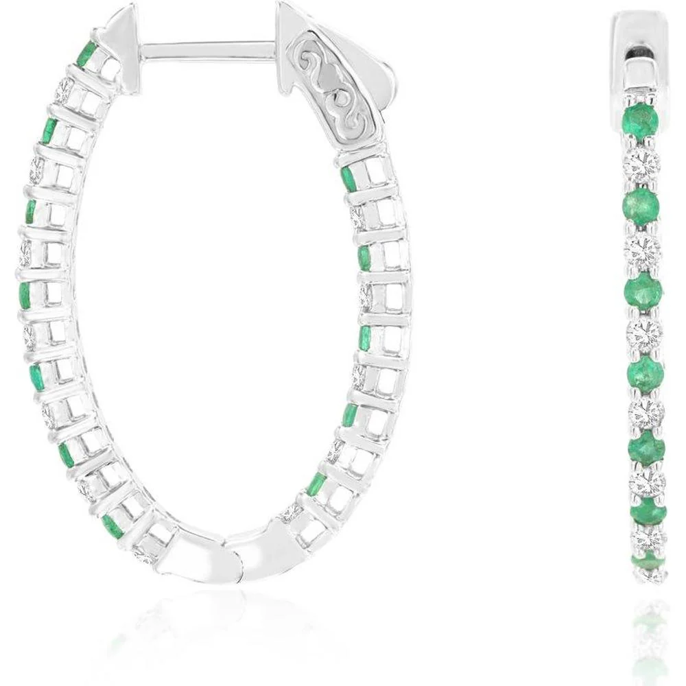 14K White Gold Medium Hoop Earrings with Alternating Round Emeralds and Diamonds - 0.58 Carat Emerald Total Weight, 0.53 Carat Diamond Total Weight - Royal Jewelry