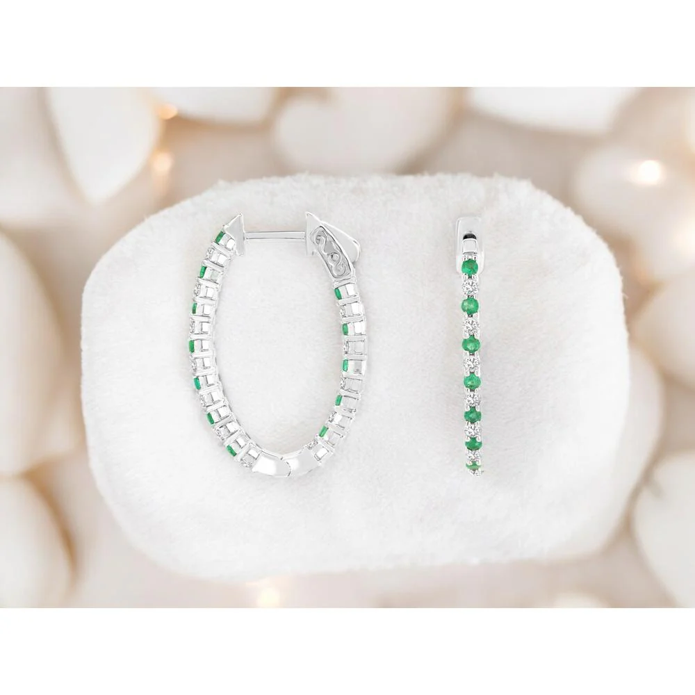 14K White Gold Medium Hoop Earrings with Alternating Round Emeralds and Diamonds - 0.58 Carat Emerald Total Weight, 0.53 Carat Diamond Total Weight - Royal Jewelry - Image 2