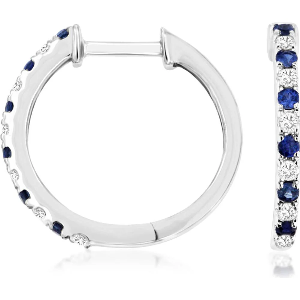 14K White Gold Medium Hoop Earrings with Alternating Round Sapphire and Diamond Stones - 0.15 Carat Total Sapphire Weight, 0.12 Carat Total Diamond Weight - Royal Jewelry