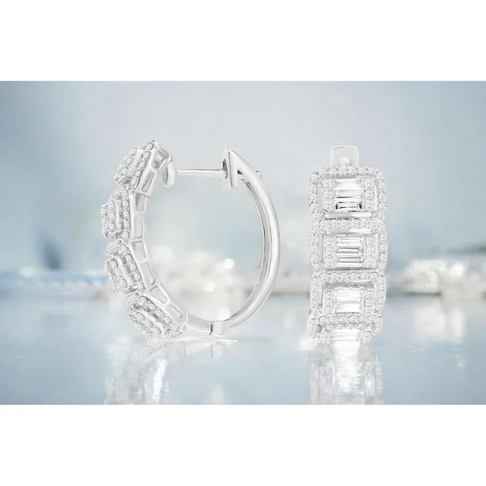 14K White Gold Medium Hoop Earrings with Baguette and Round Diamond Geometric Clusters - 1.53 Carat Total Diamond Weight - Royal Jewelry - Image 2