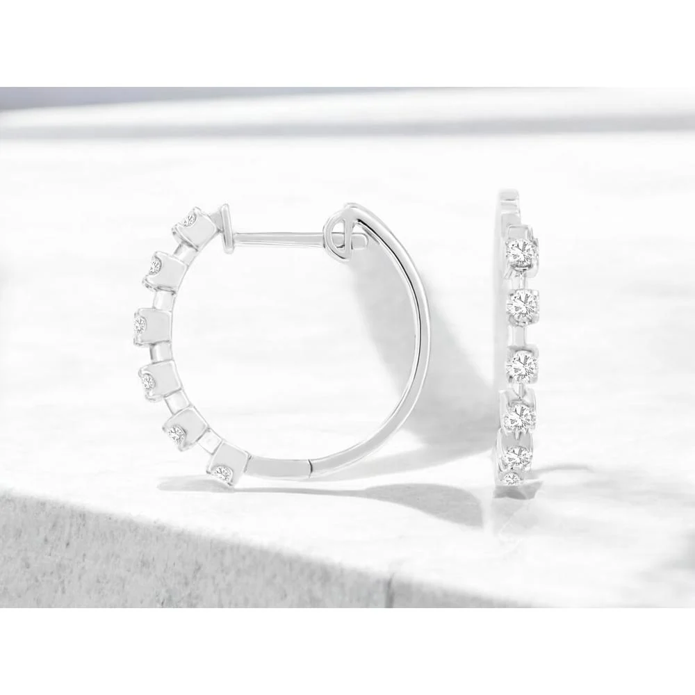 14K White Gold Medium Hoop Earrings with Bar-Set Round Brilliant Diamonds - 0.45 Carat Total Diamond Weight - Royal Jewelry - Image 2