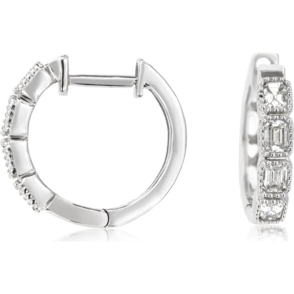 14K White Gold Medium Hoop Earrings with Bezel Set & Milgrain Detail Diamonds - 0.55 Carat Total Diamond Weight - Royal Jewelry