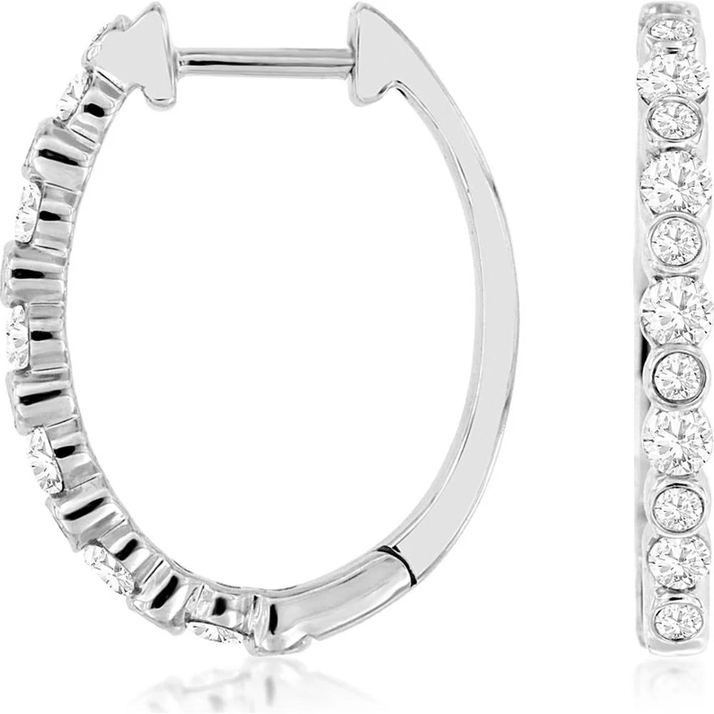 14K White Gold Medium Hoop Earrings with Bezel Set Round Diamonds - 0.75 Carat Total Diamond Weight - Royal Jewelry