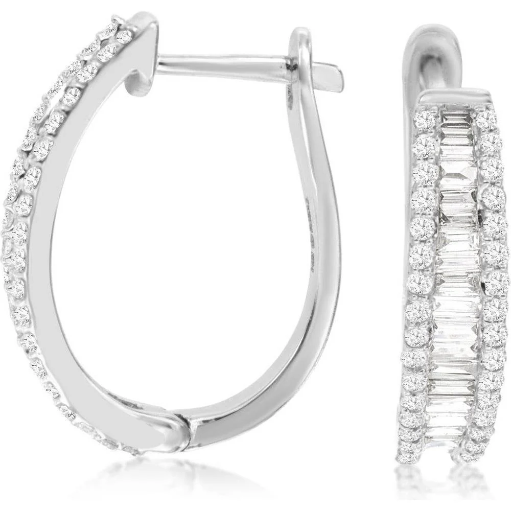 14K White Gold Medium Hoop Earrings with Channel-Set Baguette and Round Brilliant Diamonds - 1.38 Carat Total Diamond Weight - Royal Jewelry