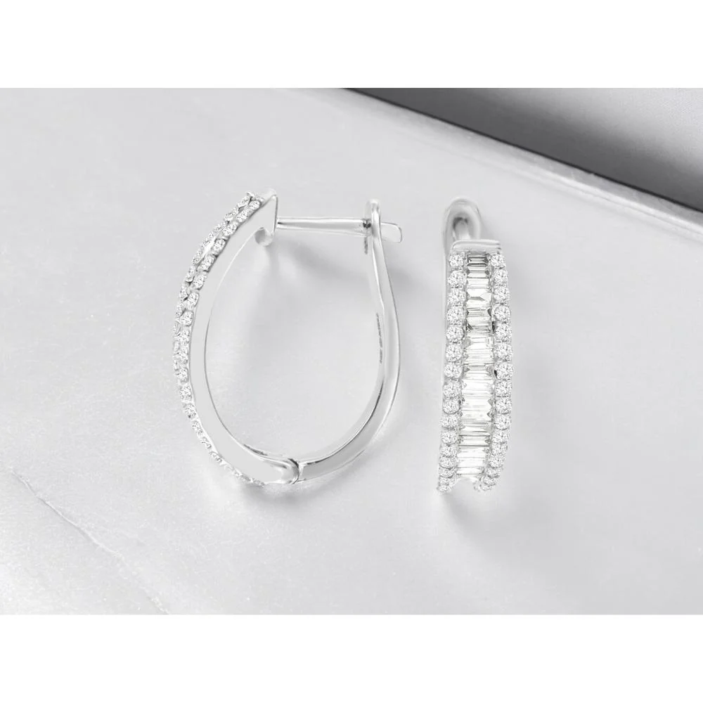 14K White Gold Medium Hoop Earrings with Channel-Set Baguette and Round Brilliant Diamonds - 1.38 Carat Total Diamond Weight - Royal Jewelry - Image 2
