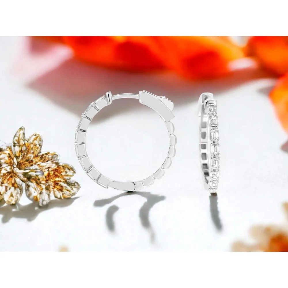 14K White Gold Medium Hoop Earrings with Channel Set Emerald Cut Diamonds - 1.23 Carat Total Diamond Weight - Royal Jewelry - Image 2