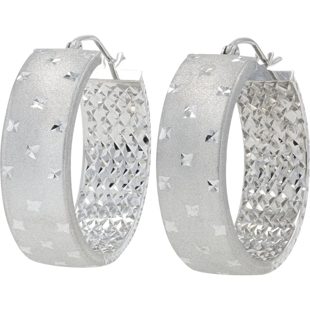 14K White Gold Medium Hoop Earrings with Diamond - Cut Texture - 4.15g Total Weight