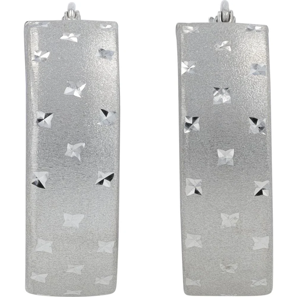 14K White Gold Medium Hoop Earrings with Diamond - Cut Texture - 4.15g Total Weight - Image 3