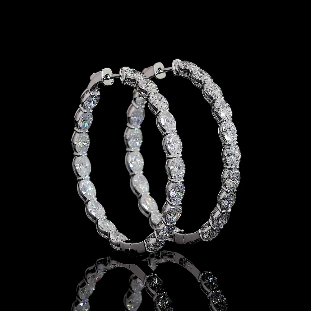 14K White Gold Medium Hoop Earrings with East-West Prong Set Oval Cut Lab Diamonds - 7.62 Carats Total Diamond Weight - Covaloro Fine Jewelry