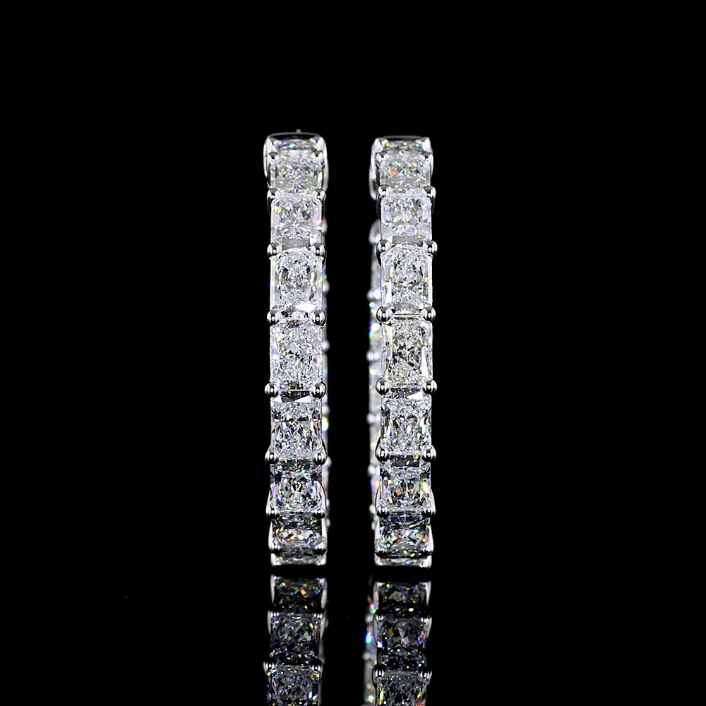 14K White Gold Medium Hoop Earrings with East-West Prong Set Radiant Cut Lab Diamonds - 9.05 Carats Total Diamond Weight - Covaloro Fine Jewelry