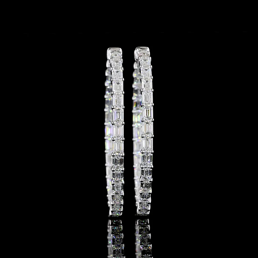 14K White Gold Medium Hoop Earrings with East-West Set Emerald Cut Lab Diamonds - 10.05 Carats Total Diamond Weight, E-F VS2 Clarity - Covaloro Fine Jewelry