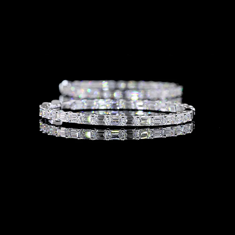 14K White Gold Medium Hoop Earrings with East-West Set Emerald Cut Lab Diamonds - 10.05 Carats Total Diamond Weight, E-F VS2 Clarity - Covaloro Fine Jewelry - Image 3
