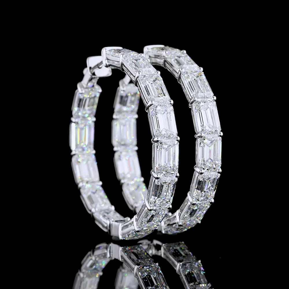 14K White Gold Medium Hoop Earrings with East-West Set Emerald Cut Lab Diamonds - 26.54 Carat Total Weight - Covaloro Fine Jewelry