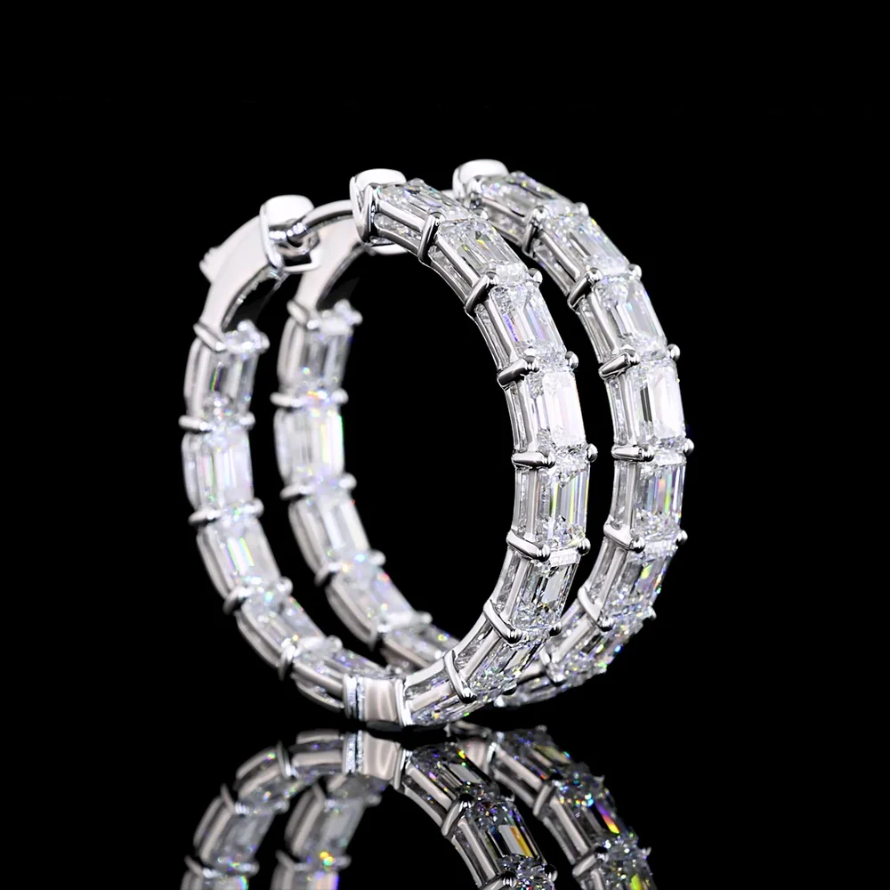 14K White Gold Medium Hoop Earrings with East-West Set Emerald Cut Lab Diamonds - 5.65 Carats Total Diamond Weight - Covaloro Fine Jewelry