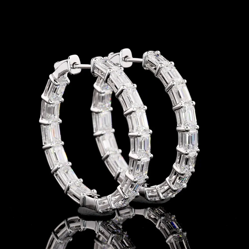14K White Gold Medium Hoop Earrings with East-West Set Emerald Cut Lab Diamonds - 6.23 Total Carat Weight, E-F Color VVS2 Clarity - Covaloro Fine Jewelry